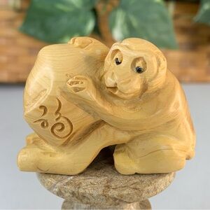 Vintage Boxwood Monkey Netsuke Animal Hand Carved Wood Figurine Carving 2.1"